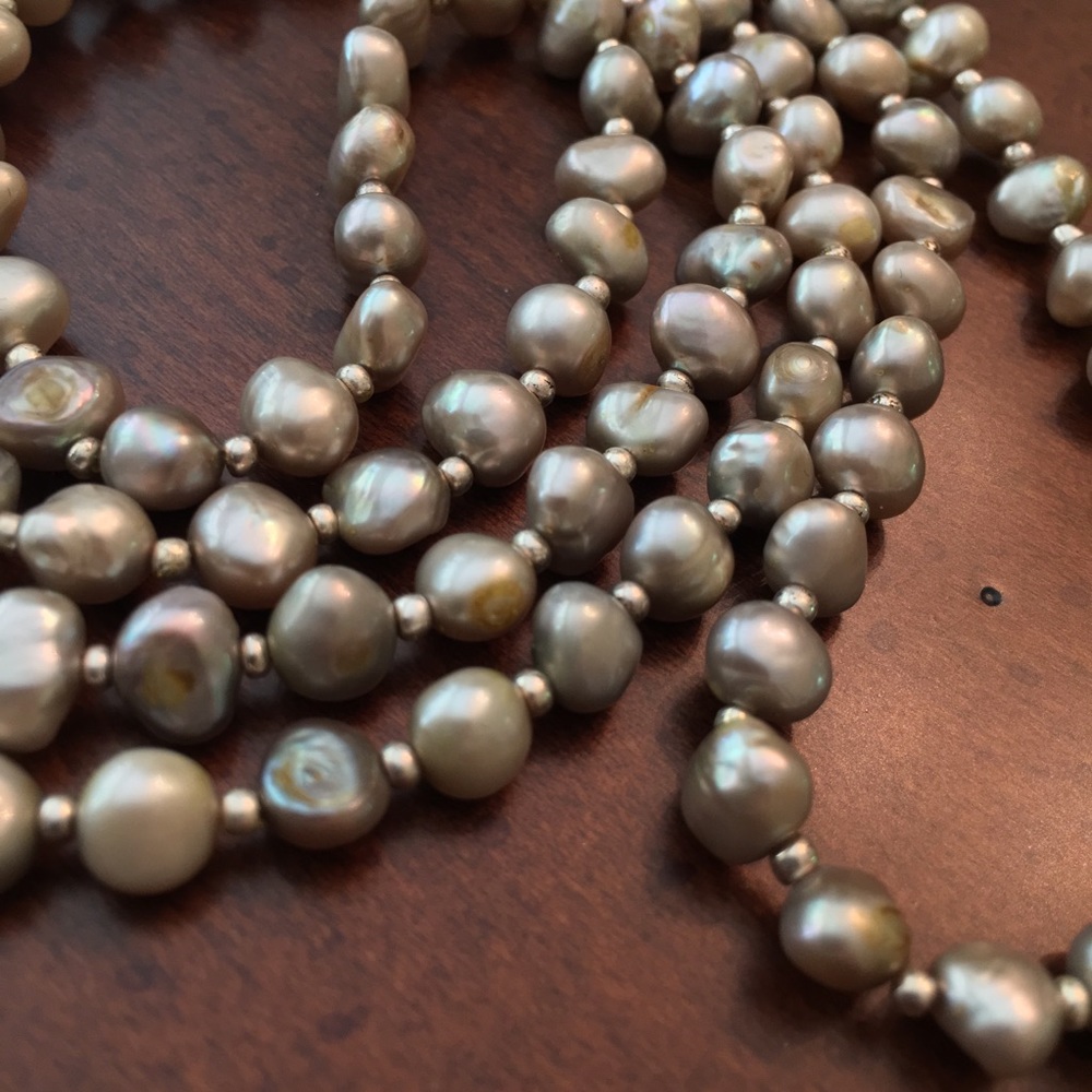 Silver gray long pearl wrap necklace
